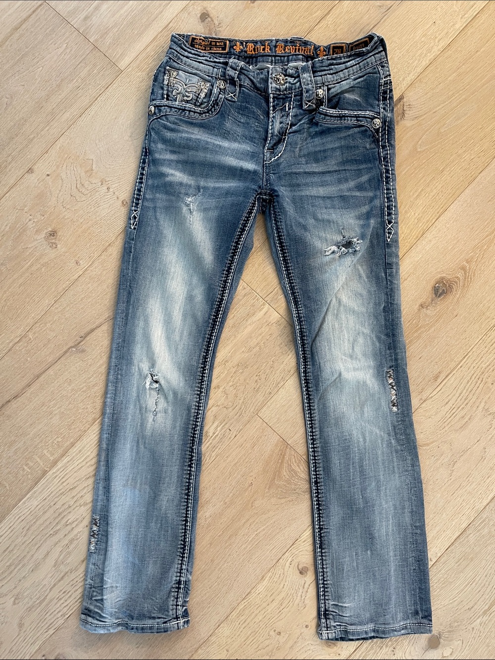 Rock Revival Men's Pruitt Straight Leg Distressed Denim Medium Blue Wash Size 28